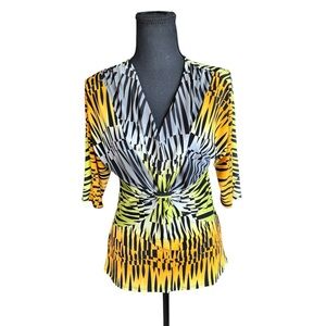 Frank Lyman Design Abstract Print Twist Front Top Size 4 Yellow Black Geometric